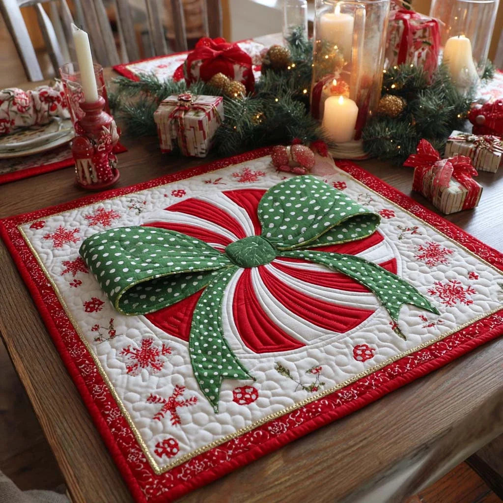 Winter Polka Bow Quilted Table Topper