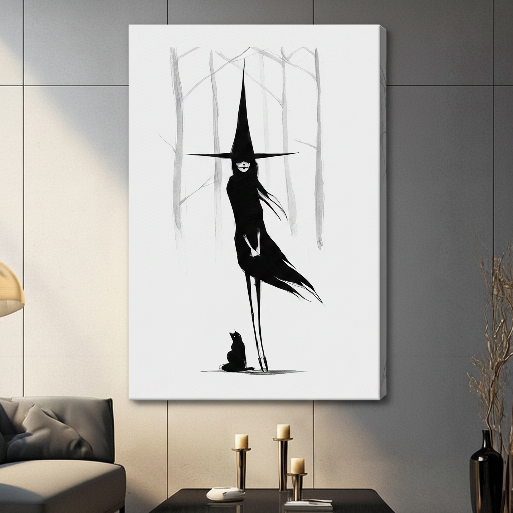Dark Witch Black Cat Minimalist Canvas Wall Art