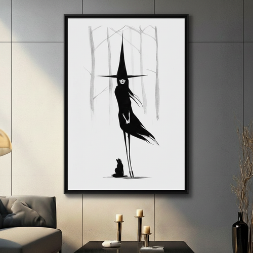 Dark Witch Black Cat Minimalist Canvas Wall Art