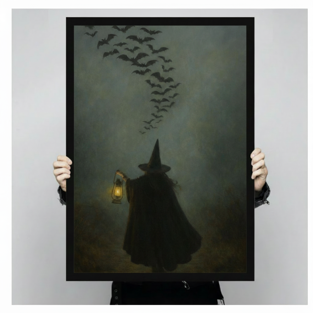 Gothic Witch Lantern Bats Night Canvas Art Wall Art