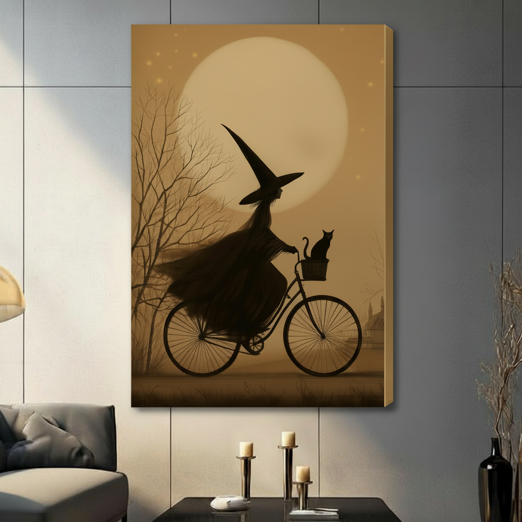 Witch Bicycle Moon Black Cat Canvas Art Wall Art