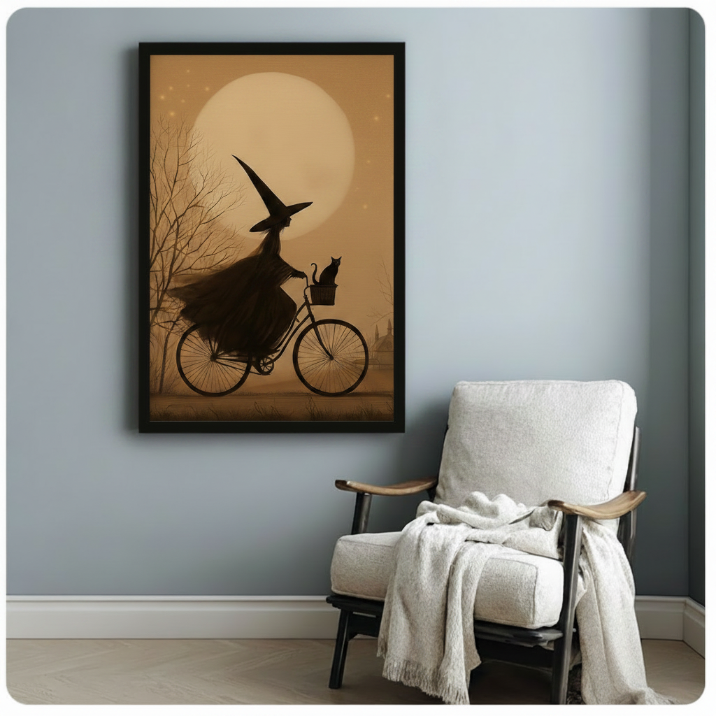 Witch Bicycle Moon Black Cat Canvas Art Wall Art