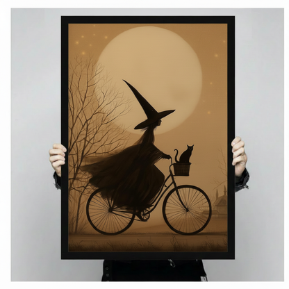 Witch Bicycle Moon Black Cat Canvas Art Wall Art