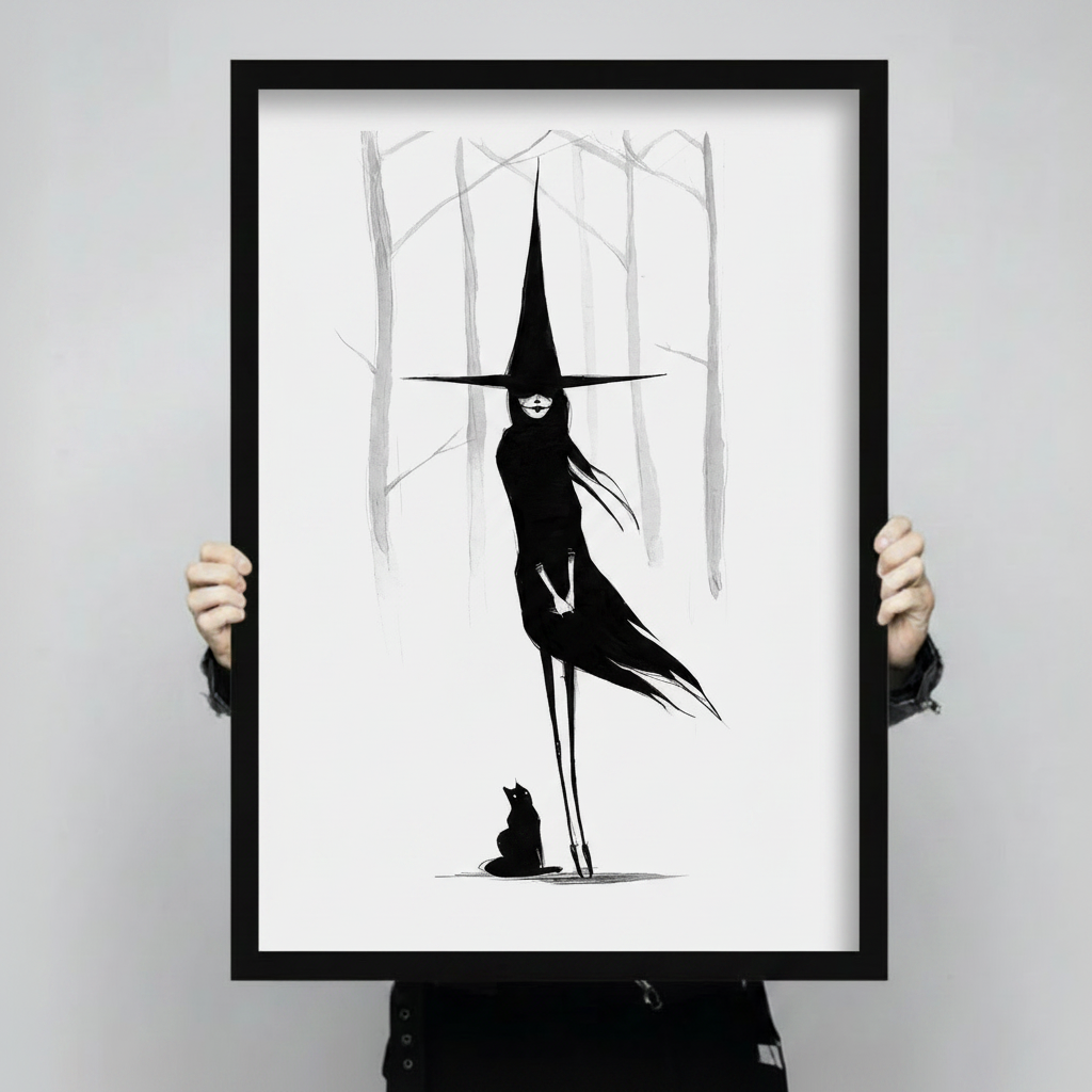 Dark Witch Black Cat Minimalist Canvas Wall Art