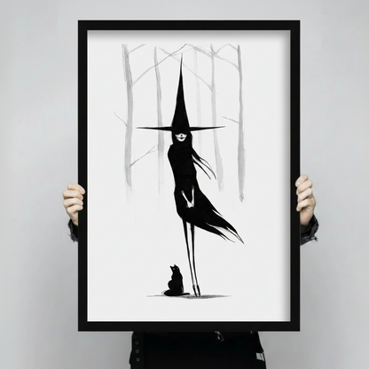 Dark Witch Black Cat Minimalist Canvas Wall Art