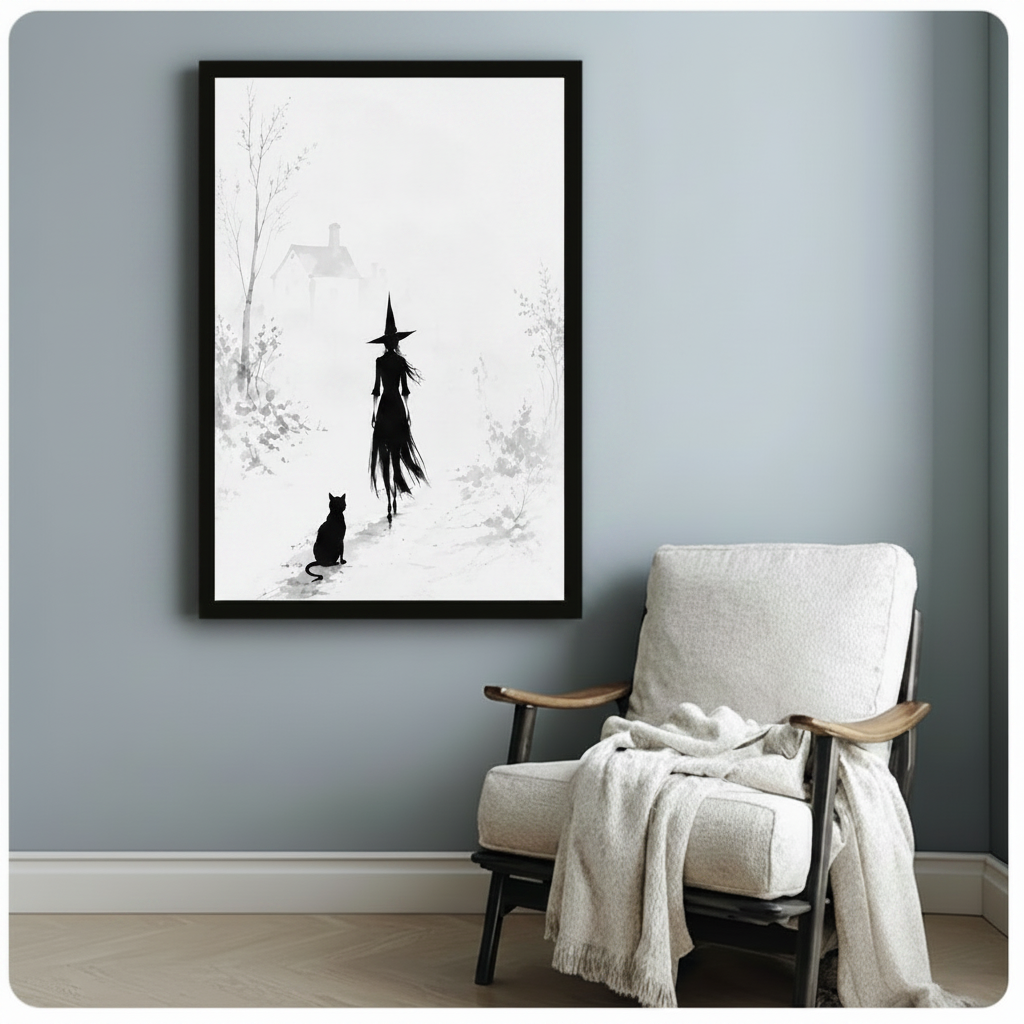 Witch & Black Cat Minimalist Canvas Wall Art