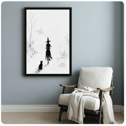 Witch & Black Cat Minimalist Canvas Wall Art
