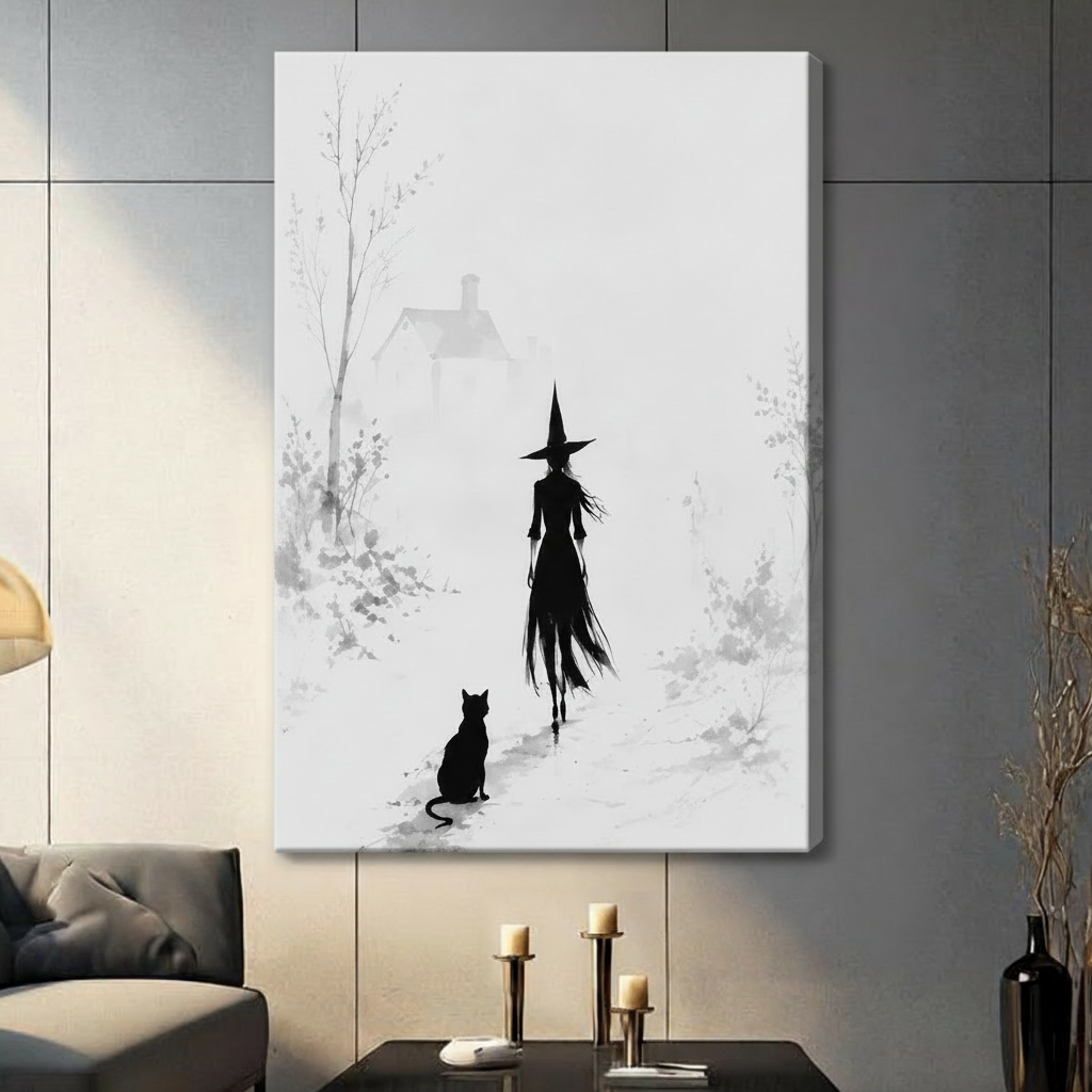 Witch & Black Cat Minimalist Canvas Wall Art