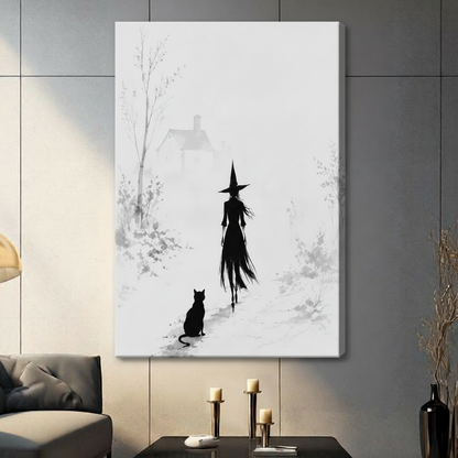Witch & Black Cat Minimalist Canvas Wall Art