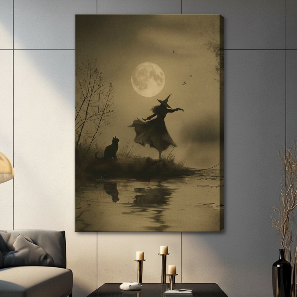 Vintage Witch Moon Dance Black Cat Canvas Art