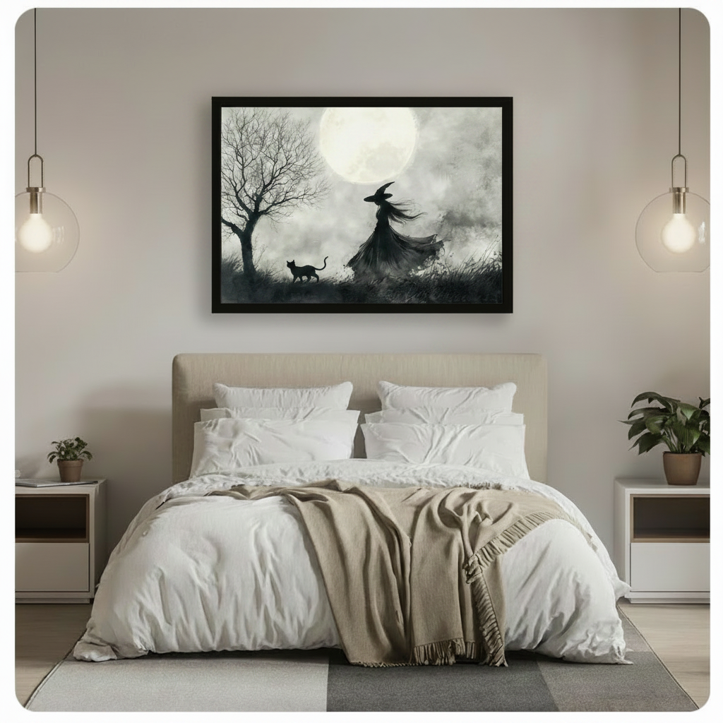 Witch and Black Cat Moonlit Gothic Watercolor Canvas