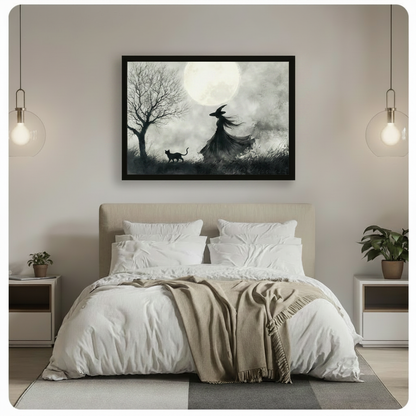 Witch and Black Cat Moonlit Gothic Watercolor Canvas