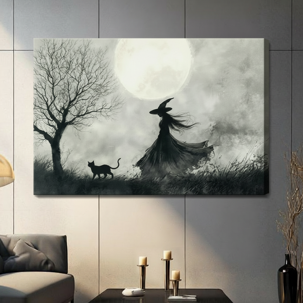 Witch and Black Cat Moonlit Gothic Watercolor Canvas