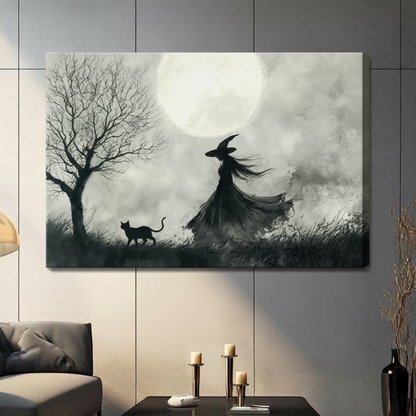 Witch and Black Cat Moonlit Gothic Watercolor Canvas