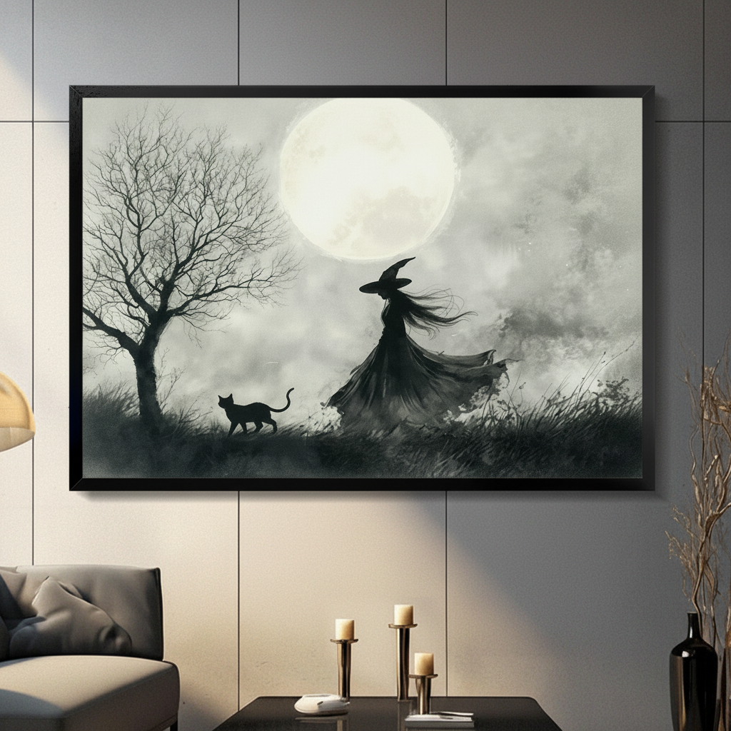 Witch and Black Cat Moonlit Gothic Watercolor Canvas
