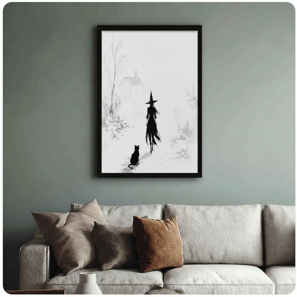 Witch & Black Cat Minimalist Canvas Wall Art