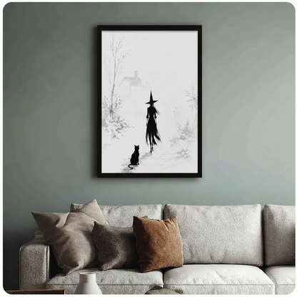 Witch & Black Cat Minimalist Canvas Wall Art