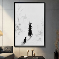Witch & Black Cat Minimalist Canvas Wall Art