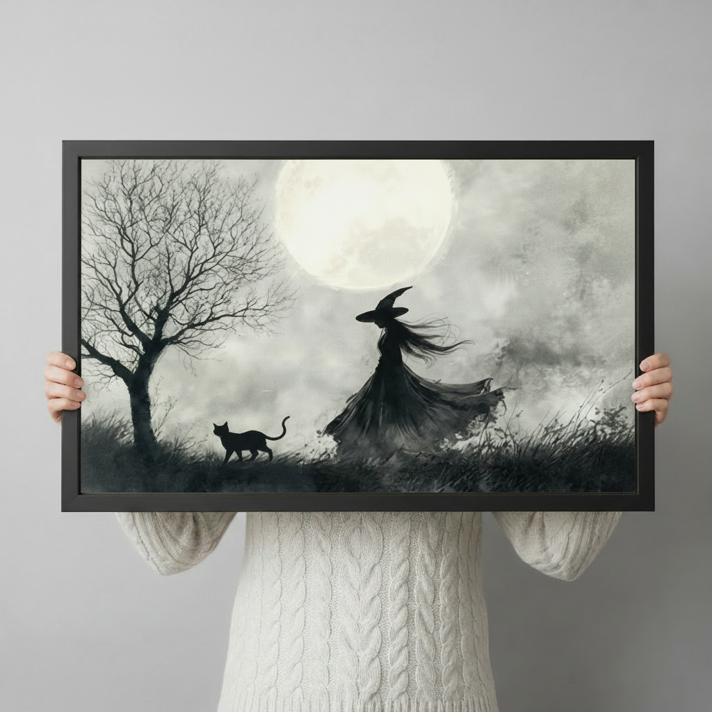 Witch and Black Cat Moonlit Gothic Watercolor Canvas