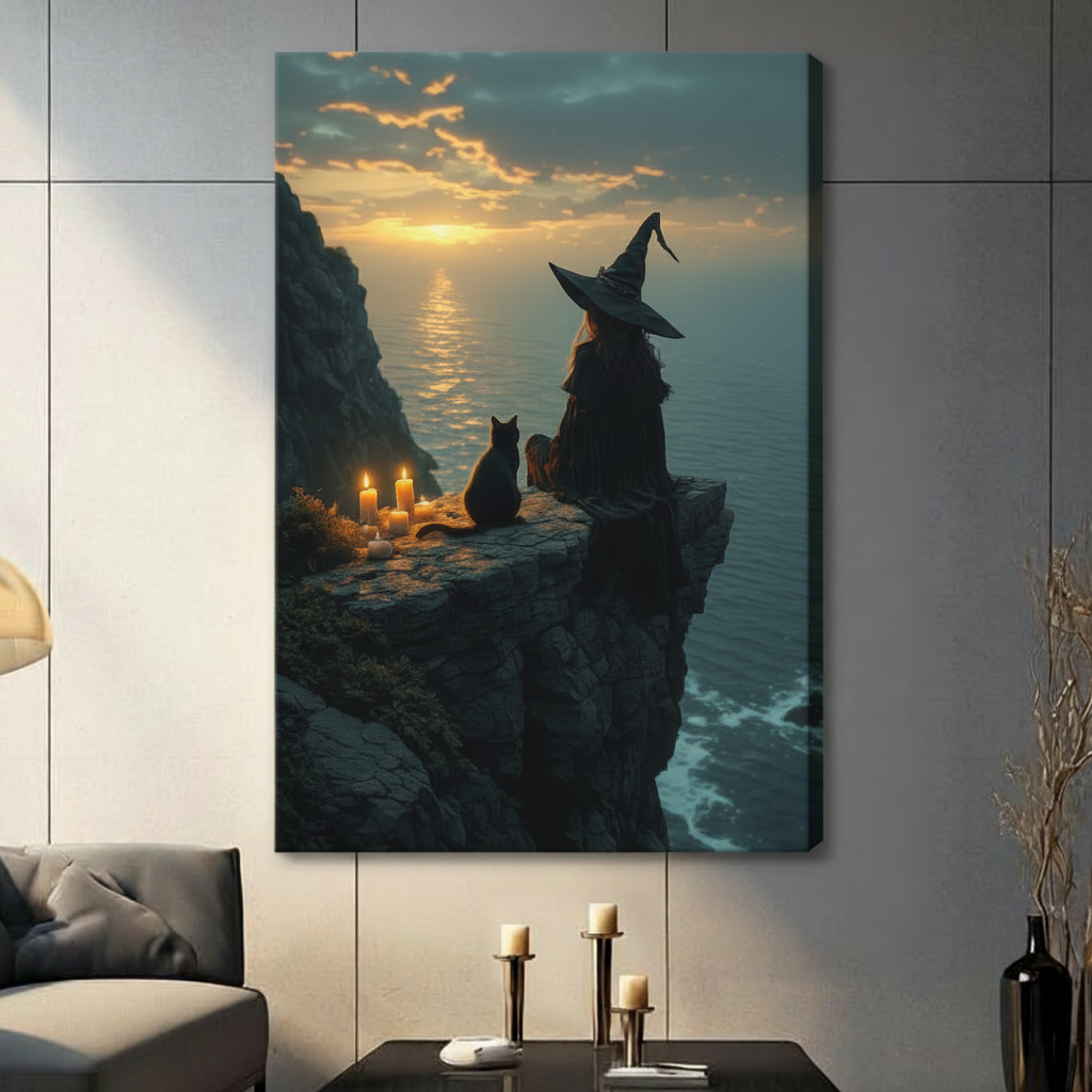 Witch & Black Cat Cliff Sunset Gothic Canvas Art