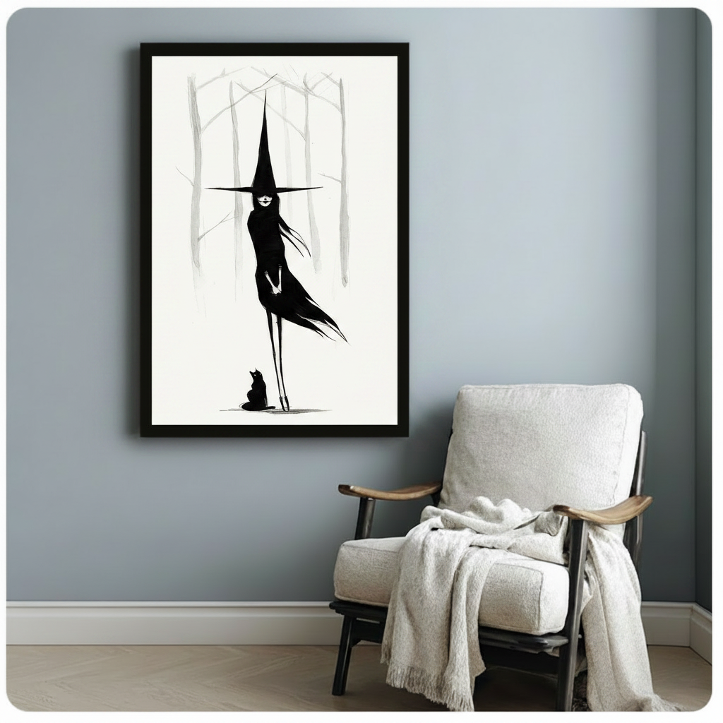 Dark Witch Black Cat Minimalist Canvas Wall Art