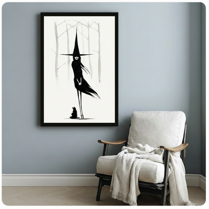 Dark Witch Black Cat Minimalist Canvas Wall Art