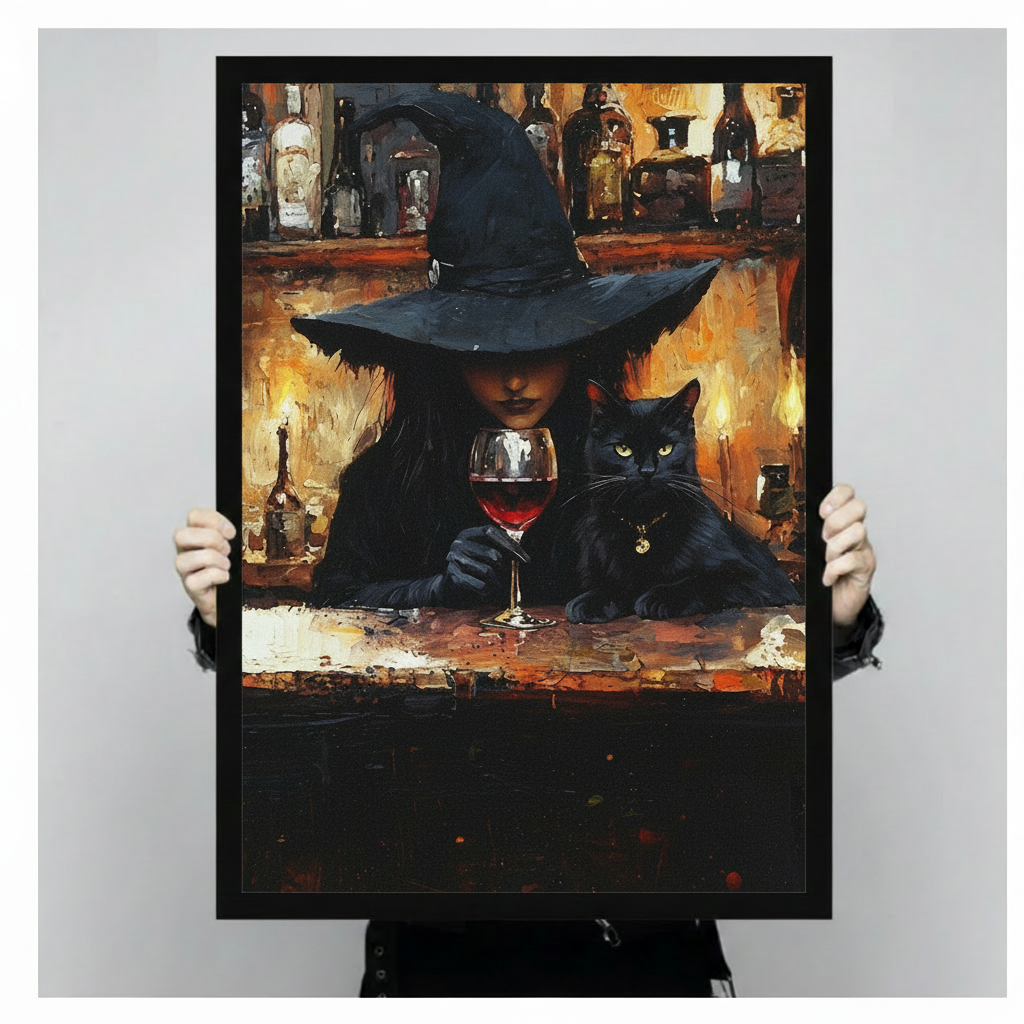 Gothic Witch Black Cat Wine Bar Canvas Art Wall Art