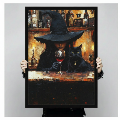 Gothic Witch Black Cat Wine Bar Canvas Art Wall Art