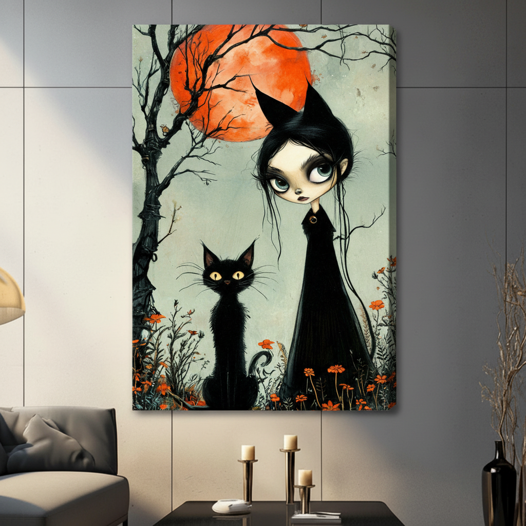Gothic Witch Cat Spooky Wall Canvas Wall Art