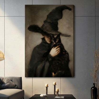 Dark Witch & Black Cat Canvas Wall Art