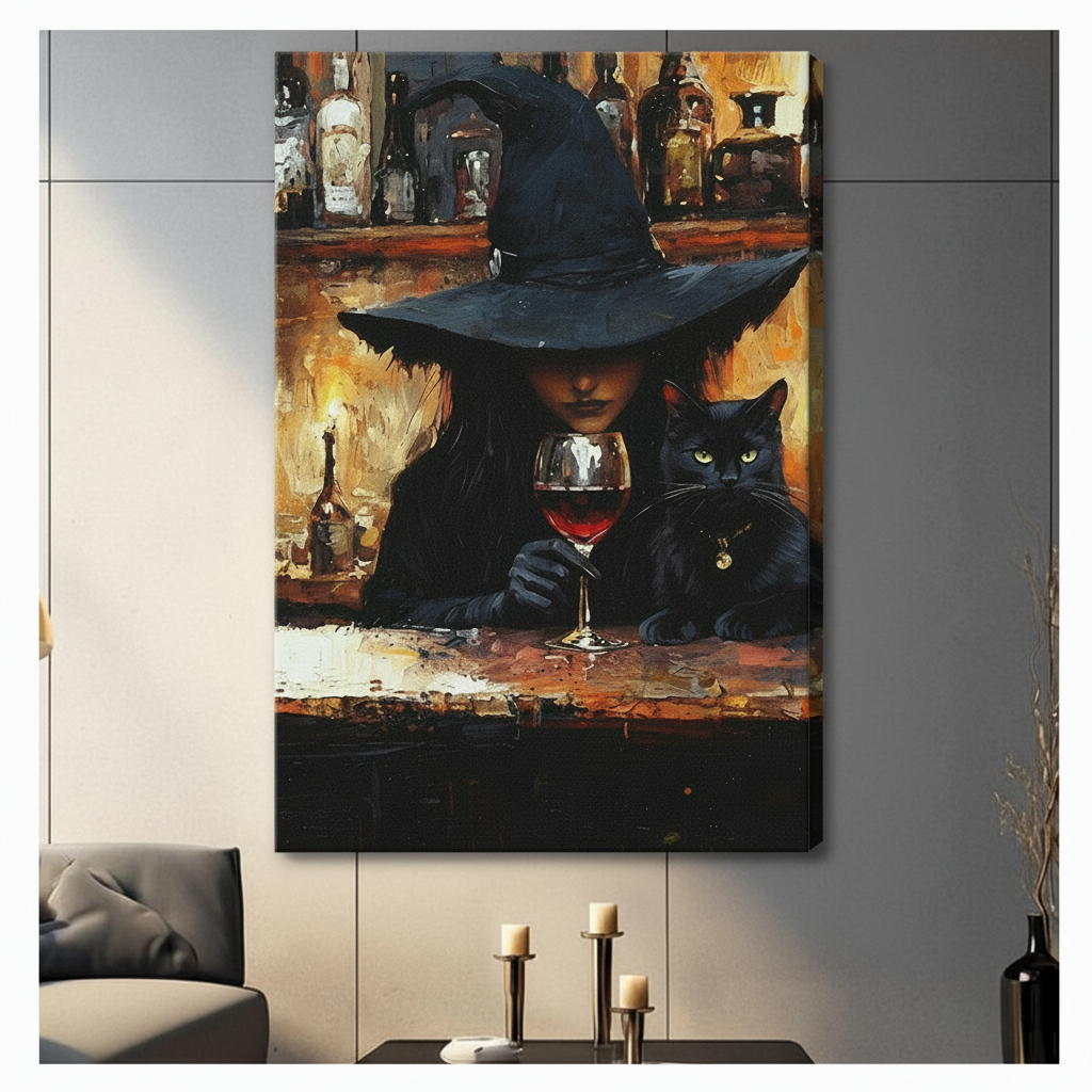 Gothic Witch Black Cat Wine Bar Canvas Art Wall Art