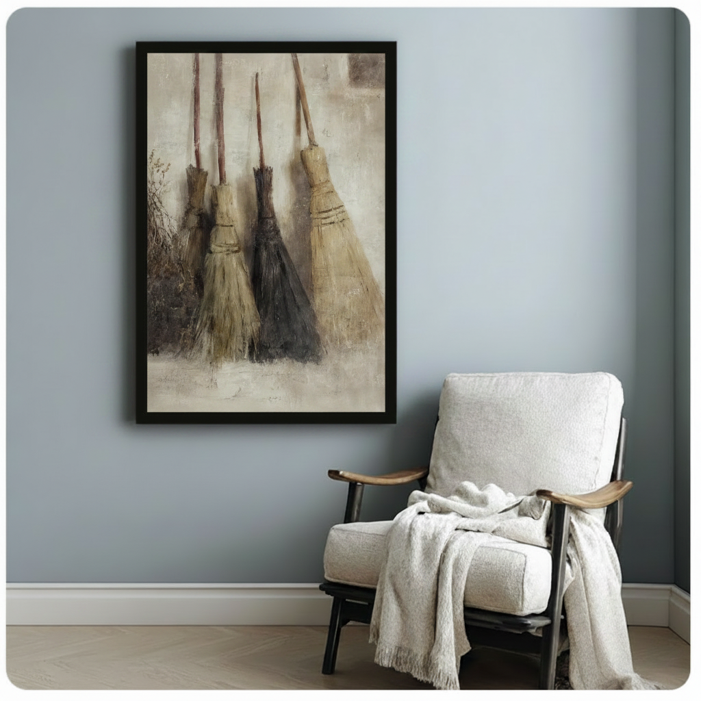 Antique Witch Brooms Gothic Canvas Wall Art