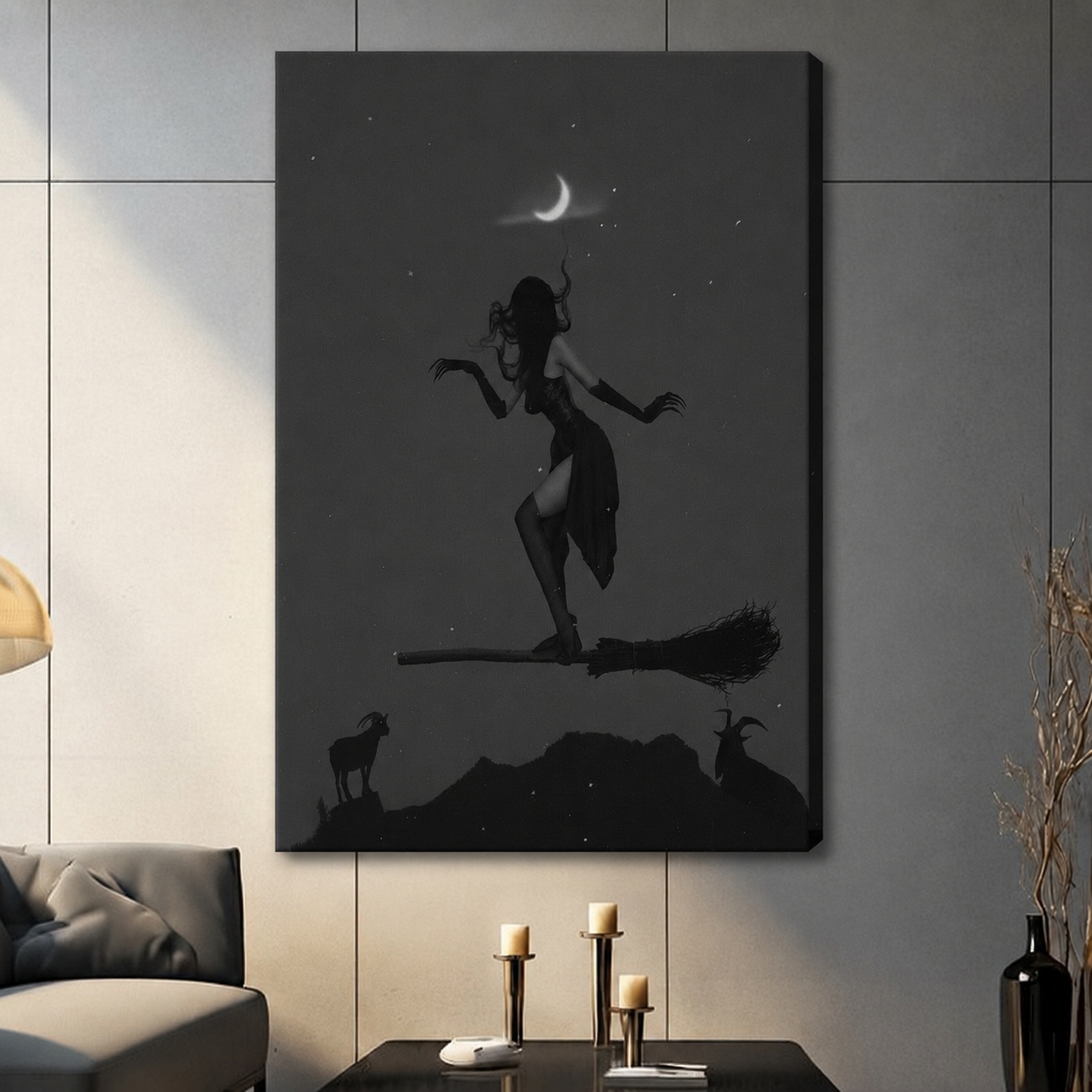 Gothic Witch Night Sky Silhouette Canvas Wall Art