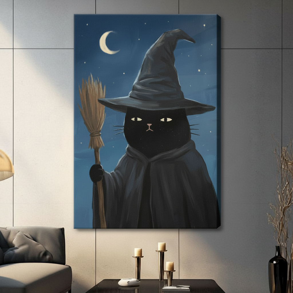 Black Cat Witch Hat Broom Moon Canvas Wall Art