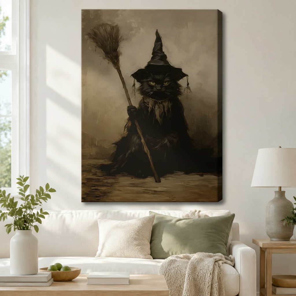 Gothic Witch Cat Dark Academia Canvas Art Wall Art