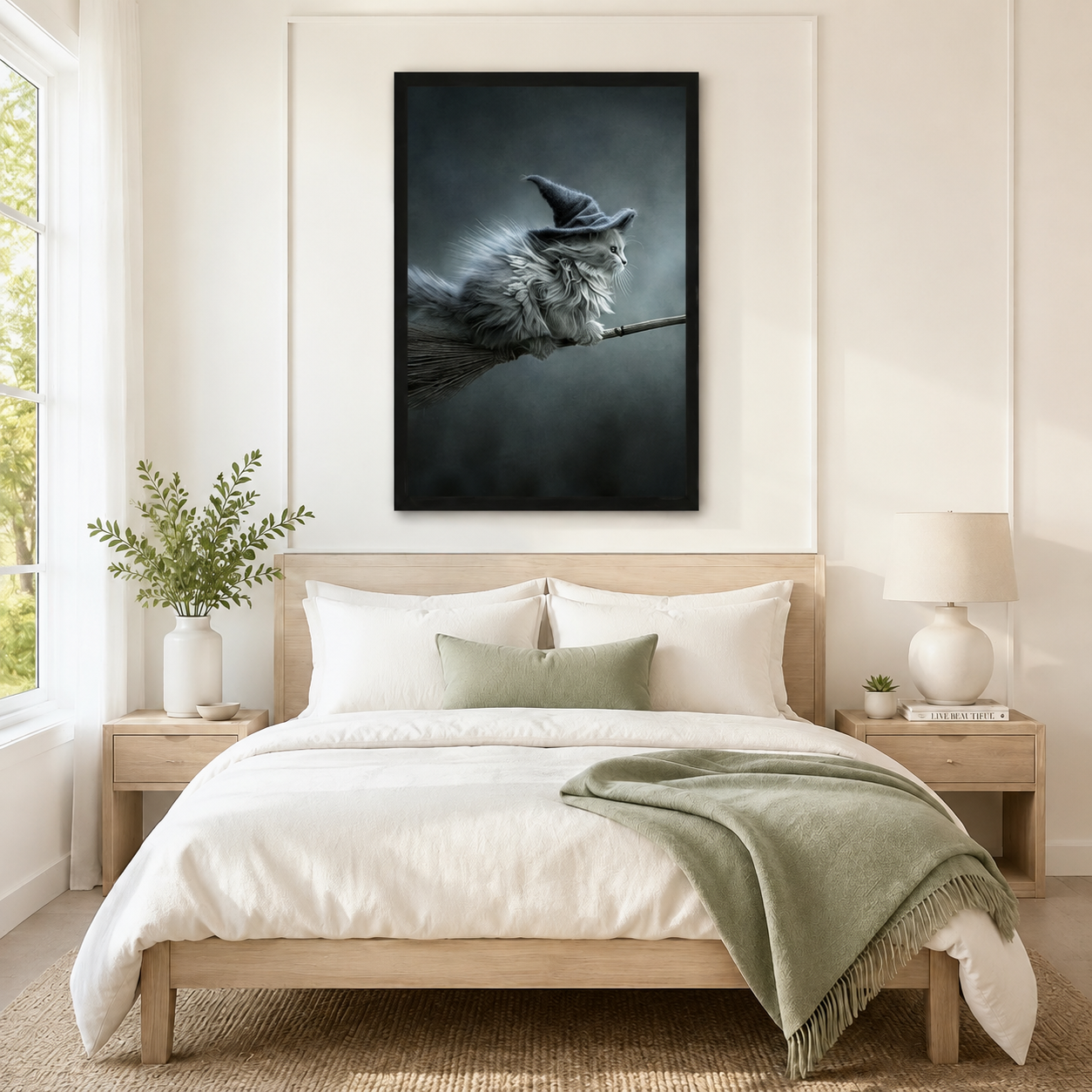 Witch Cat on Broomstick Gothic Canvas Wall Art