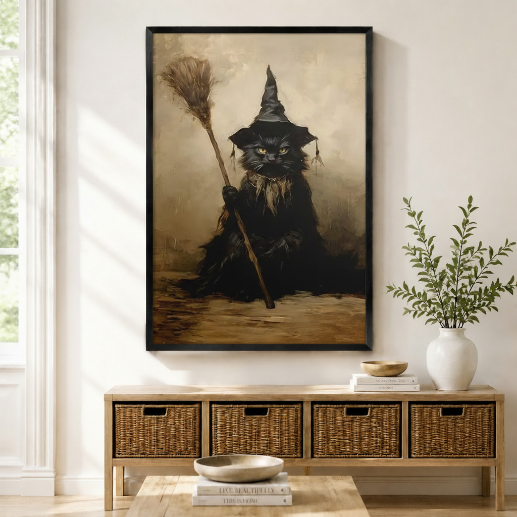 Gothic Witch Cat Dark Academia Canvas Art Wall Art