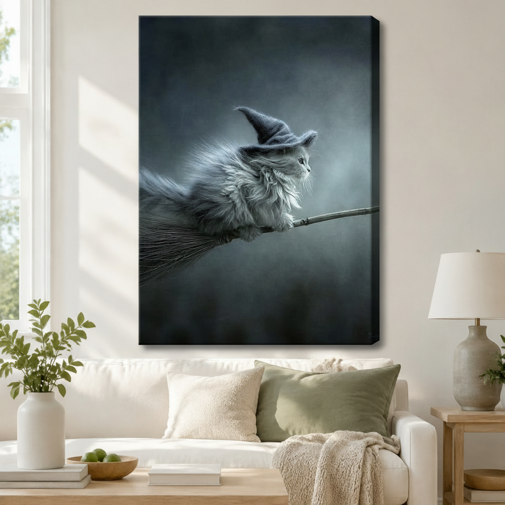 Witch Cat on Broomstick Gothic Canvas Wall Art