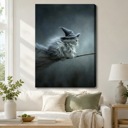 Witch Cat on Broomstick Gothic Canvas Wall Art