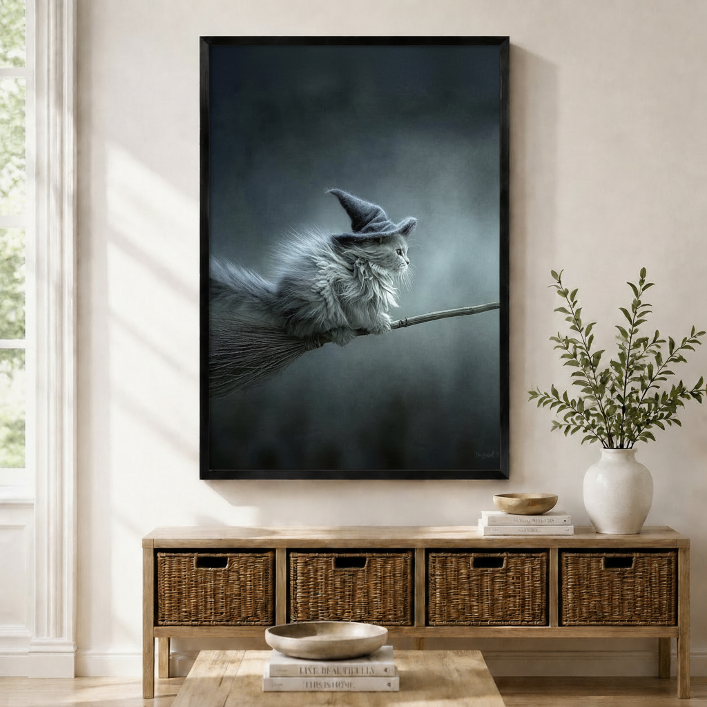 Witch Cat on Broomstick Gothic Canvas Wall Art