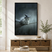 Witch Cat on Broomstick Gothic Canvas Wall Art