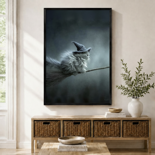 Witch Cat on Broomstick Gothic Canvas Wall Art