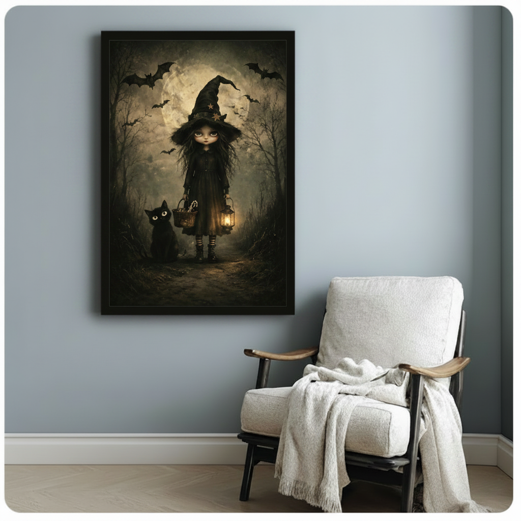 Gothic Witch Black Cat Halloween Canvas Art Wall Art