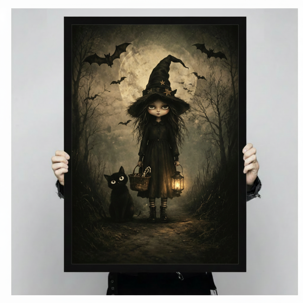 Gothic Witch Black Cat Halloween Canvas Art Wall Art