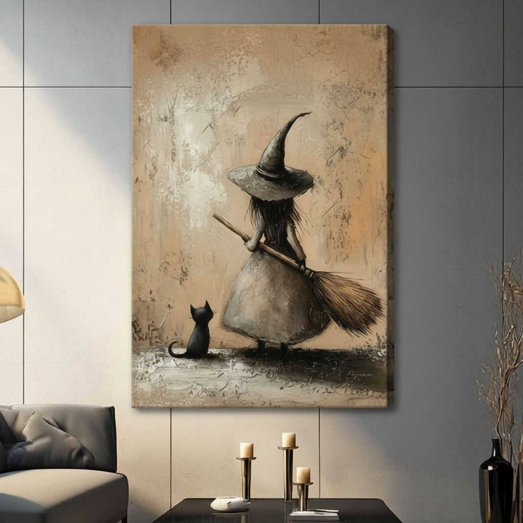 Vintage Witch Black Cat Whimsical Canvas Art Wall Art