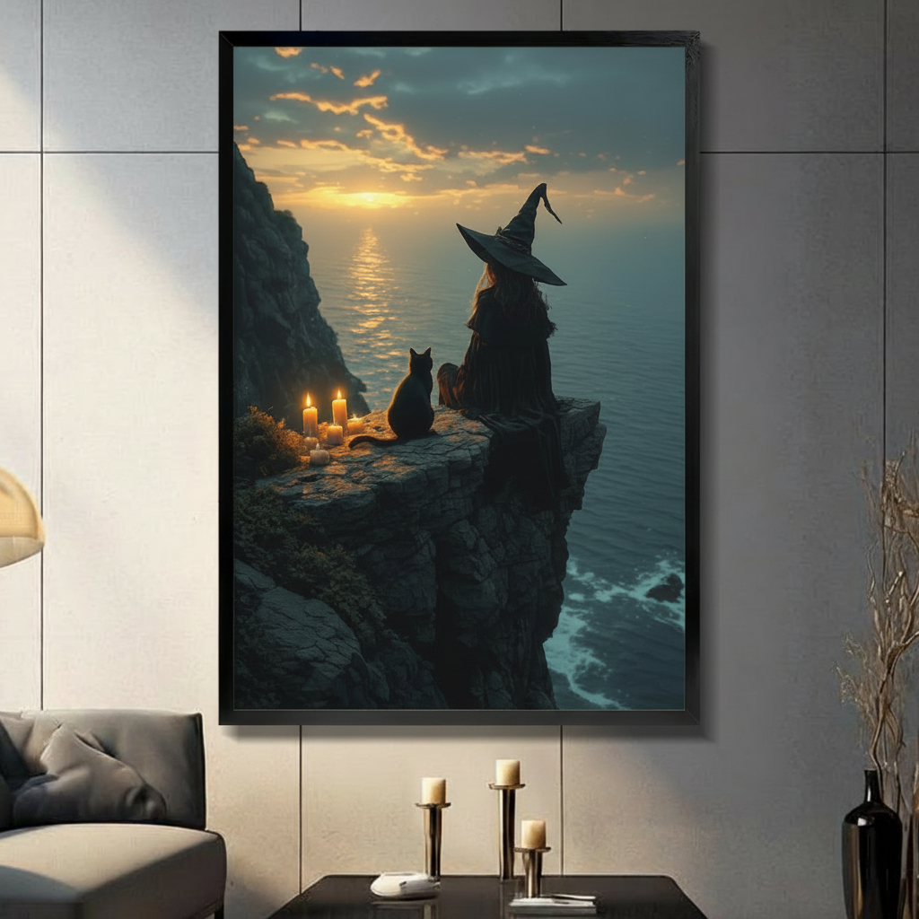Witch & Black Cat Cliff Sunset Gothic Canvas Art