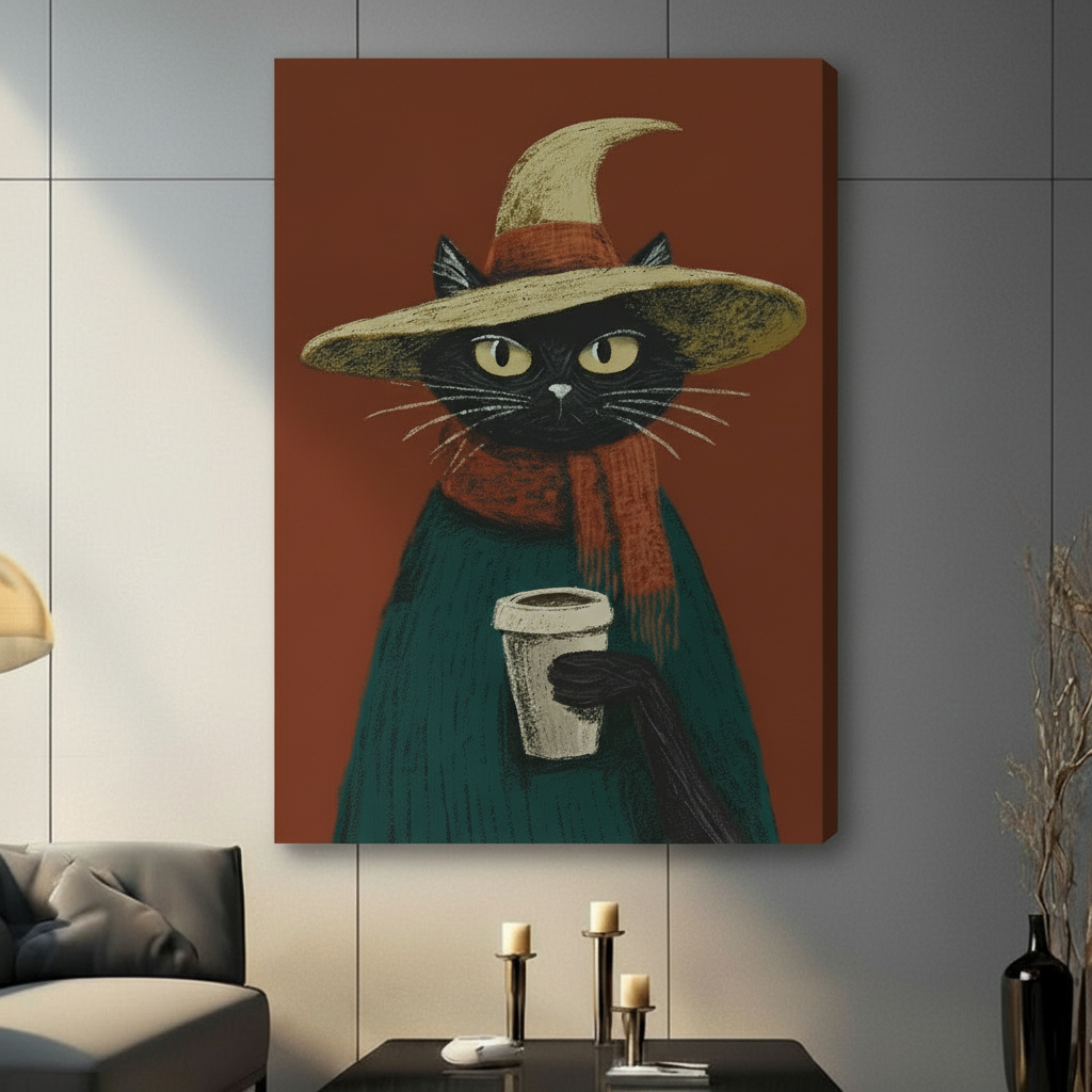 Witch Cat Coffee Cozy Canvas Art Wall Art