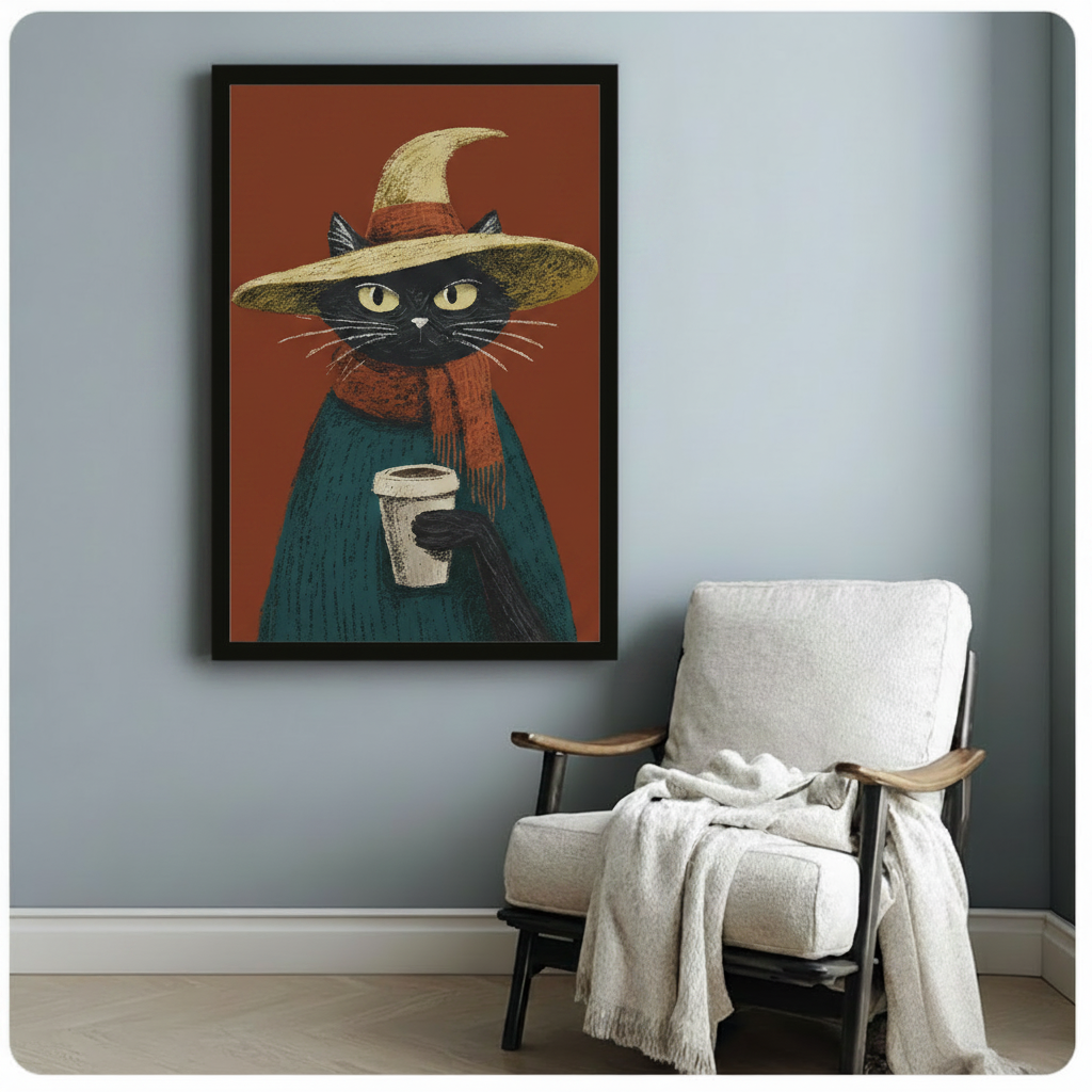 Witch Cat Coffee Cozy Canvas Art Wall Art