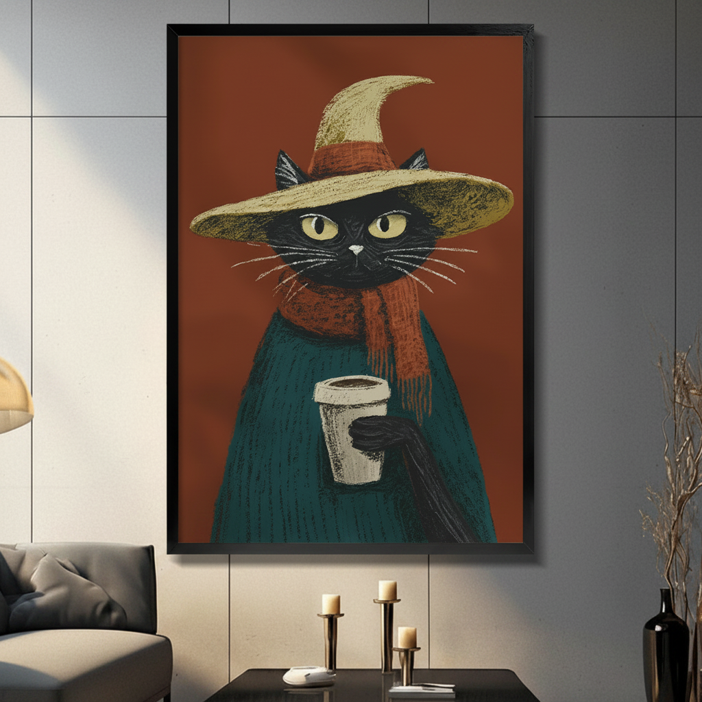Witch Cat Coffee Cozy Canvas Art Wall Art