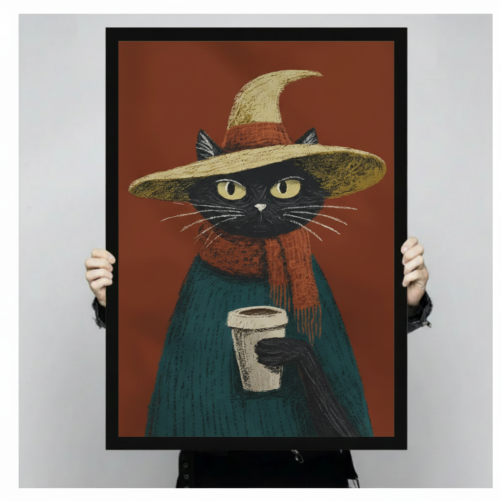 Witch Cat Coffee Cozy Canvas Art Wall Art